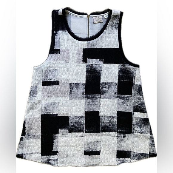 ANTHROPOLOGIE POSTMARK ANZERE White Black Tank Square Pattern Fringe Top SZ S - Picture 2 of 5
